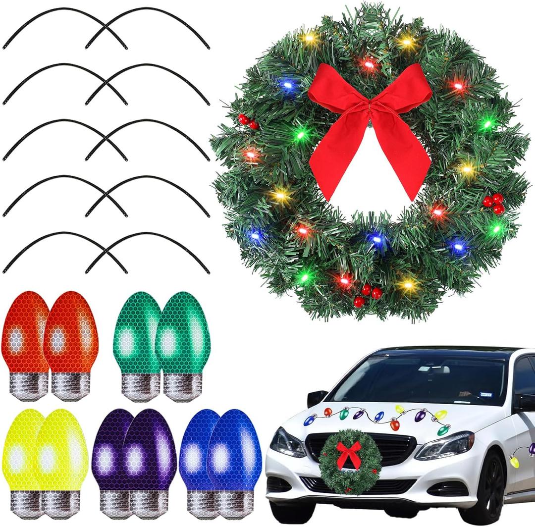 Frienda Christmas Car Wreath Magnetic Decorations Set Artificial Car Wreath LED Light Reflective Bulb Light Shaped Car Magnets Magnet Wires Xmas Winter Party Car Garage Mailbox Decor Red Berry)