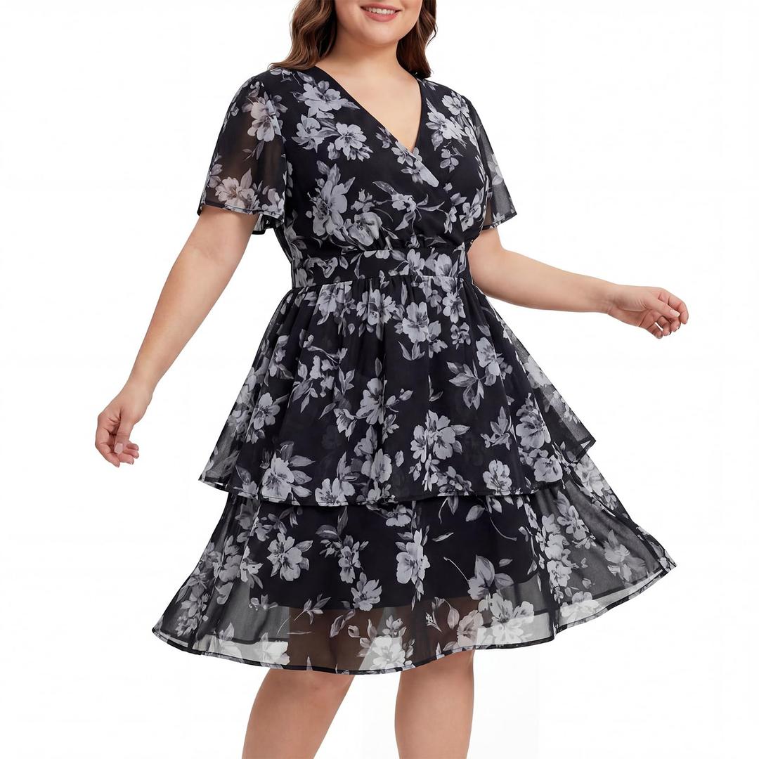 Plus Size Women Wedding Guest Dresses V Neck Tiered Chiffon Short Sleeves Empire Waist Semi Formal Cocktail Dress XXL