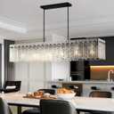 4FT Long Chandelier for Dining Room - Black Dining Room Light Fixture Linear Crystal Design with Water Ripple Glass & Large Rectangle & 6pcs MAX 60W E26 Bulbs(Not Include),50pcs Glass Sheet (Flat (All around))