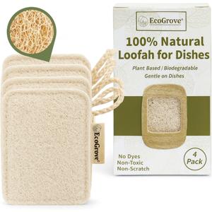 Natural Loofah Dish Sponges 4 Pack  100% Plant-Based Luffa Scrubber for Dishes, Pots & Nonstick Pans  Compostable, Non-Scratch Kitchen Sponge for Sink, Tile & Everyday Cleaning (Travel)