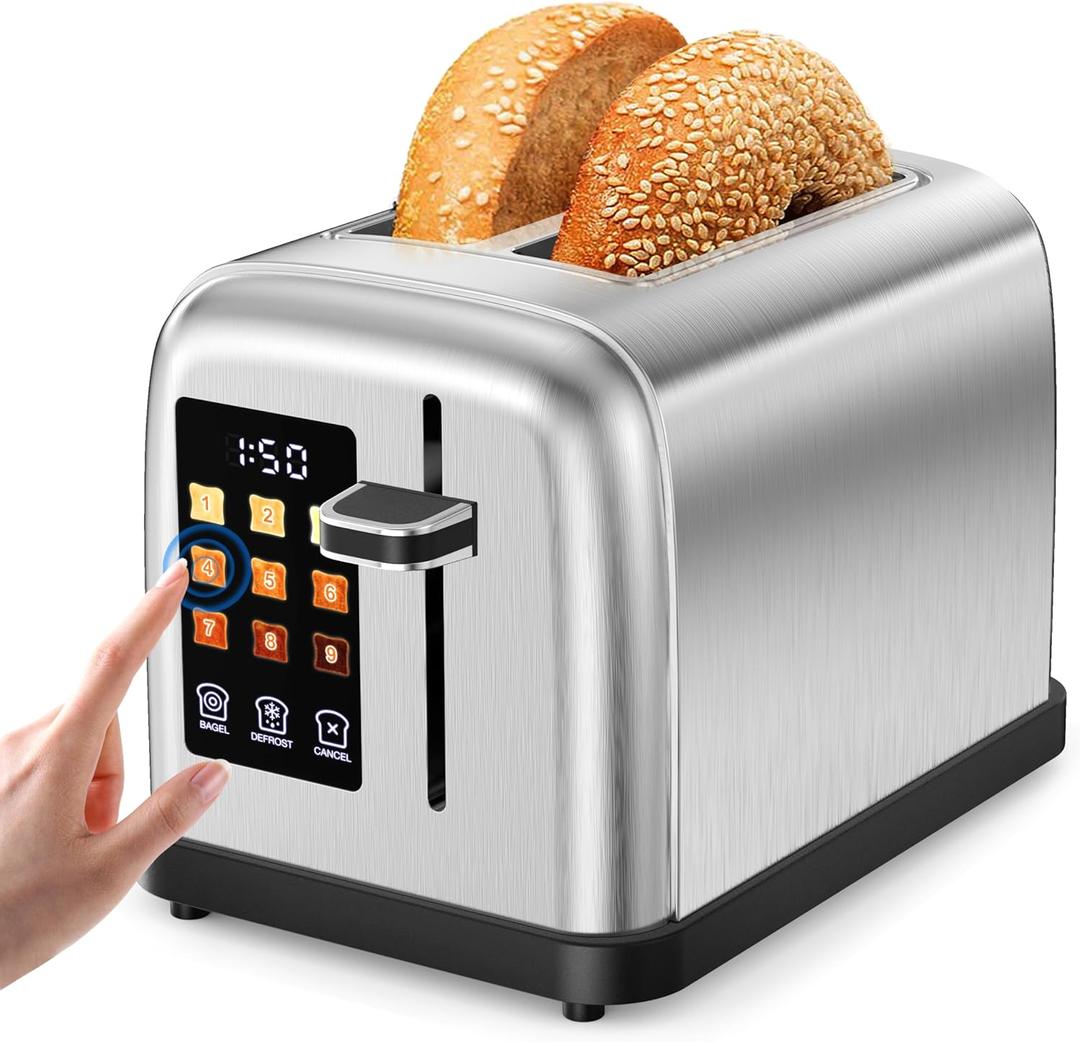 Touch Screen Toaster 2 Slice Stainless Steel Toaster with Digital Countdown Wide Slot LCD Display 2 Slice Toasters Smart Toasters 9 Shade Settings with Defrost/Bagel/Cancel Function (Silver)