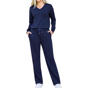 Difficort Women's 2 Piece Lounge Sets Casual Travel Airport Outfits Side Slit V-Neck Tops & Wide Leg Pants Matching Set (Medium)