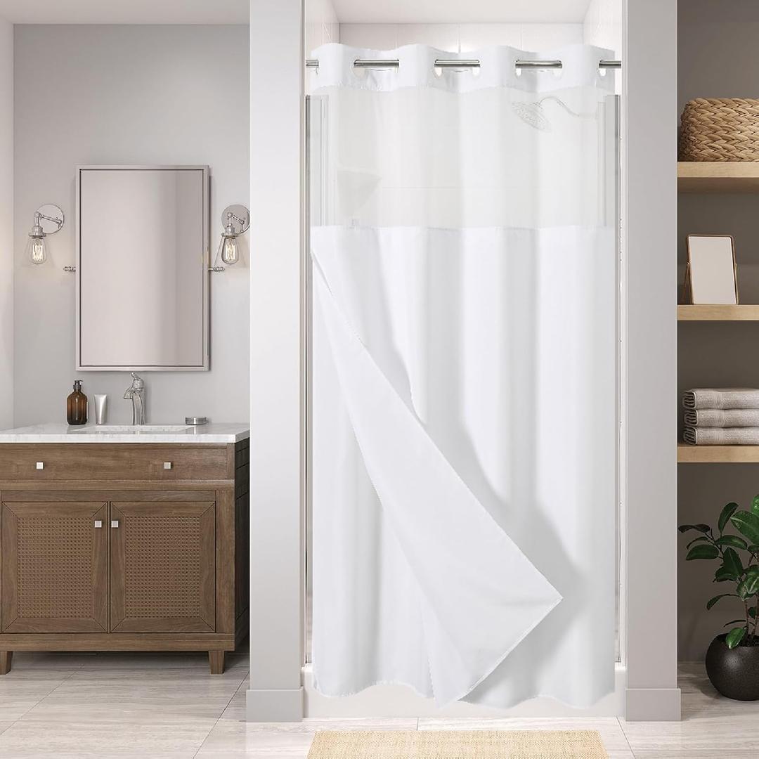 eachope Stall No Hooks Needed Linen Textured Shower Curtain with Snap-in Fabric Liner Set,Hotel Luxury Decor Shower Curtains for Bathroom,Waterproof & Washable,54Wx74H,White