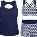 Yonique 3 Piece Tankini Swimsuits for Women Swim Tank Top Bathing Suits with Boy Shorts and Bra Athletic Swimwear (XX-Small, Blue)