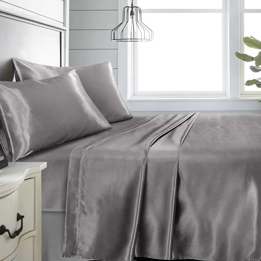 Niagara Sleep Solution King Grey Bed Sheet Set 4 Pieces Silky Smooth Bridal Satin Deep Pocket Fitted, Flat, 2 Pillow Cases Wrinkle Stain, Fade Resistant (Grey Satin, King)