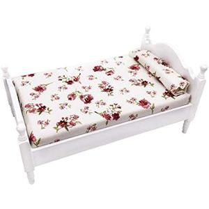 EatingBiting 1:12 Decorate Mini House Miniature Furniture Vintage Wooden Bed Red Floral Single 1/12 Retro Bed with Decor Accessory Delicate Doll House Furniture Miniature Role Playing Window Display