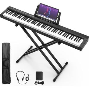 Digital Piano 88 Key Full Size Semi Weighted Electronic Keyboard Piano Set with Stand,Built-In Speakers,Electric Piano Keyboard with Sustain Pedal,Bluetooth,MIDI/USB/MP3 for Beginners Adults/81x (Black)