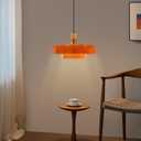 Orange Pendant Light Fixture with Wood Accent, Mid Century Modern Adjustable Height Hanging Ceiling Lamp, Farmhouse Pendant Lighting for Kitchen Island Dining Room