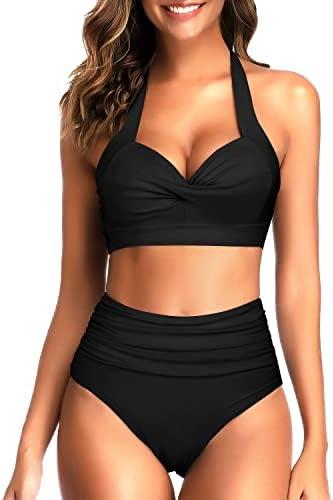 Tempt Me Women Two Piece Vintage Swimsuit Retro Halter Ruched High Waist Bikini with Bottom, L, Black