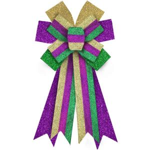 Mardi Gras Wreath Bows Mardi Gras Decor Bow Purple Green Glitter Srips Burlap Bows for Wreaths, Mardi Gras Ribbon Tree Topper Bows for Mardi Gras Home Indoor Outdoor Decoration Wreath Ornament Supply