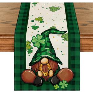 Artoid Mode Shamrock Buffalo Plaid Gnomes Lucky St. Patrick's Day Table Runner, Kitchen Dining Table Decor for Outdoor Home Party Decor 13 x 48 Inch (Black/Green)