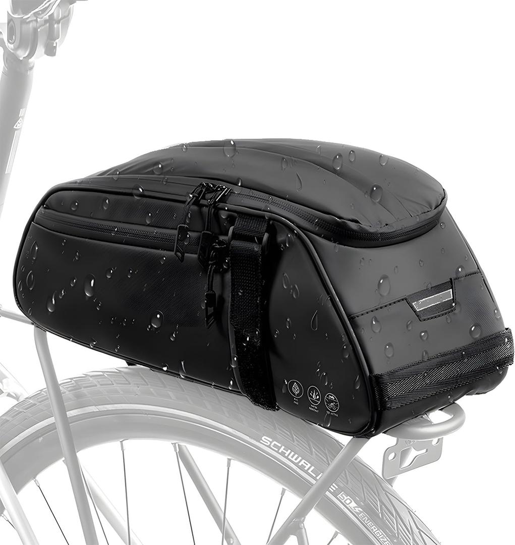 WOTOW Reflective Rear Rack Bag, Water Resistant Bike Saddle Panniers for Bicycles Ebike, 8L Trunk Cycling Back Seat Cargo Carrier Storage Pouch With Shoulder Strap for Travel Commute (Black)