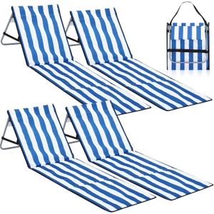 DoubleFill 4 Pcs Portable Beach Lounge Chairs Lightweight Beach Lounger for Adults Foldable Chair with Adjustable Backrest and Zipper Pocket Soft Mat Chair for Travel Tanning Sunbathing