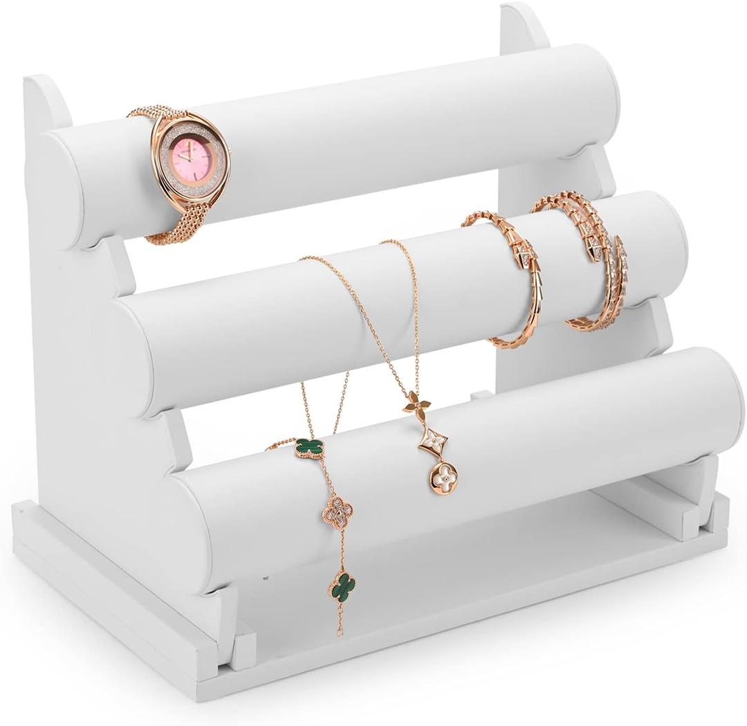 3 Tiers White PU Leather Jewelry Organizer Stand and Display Detachable Bracelet Display Stand Jewelry Tree for Watch Organization