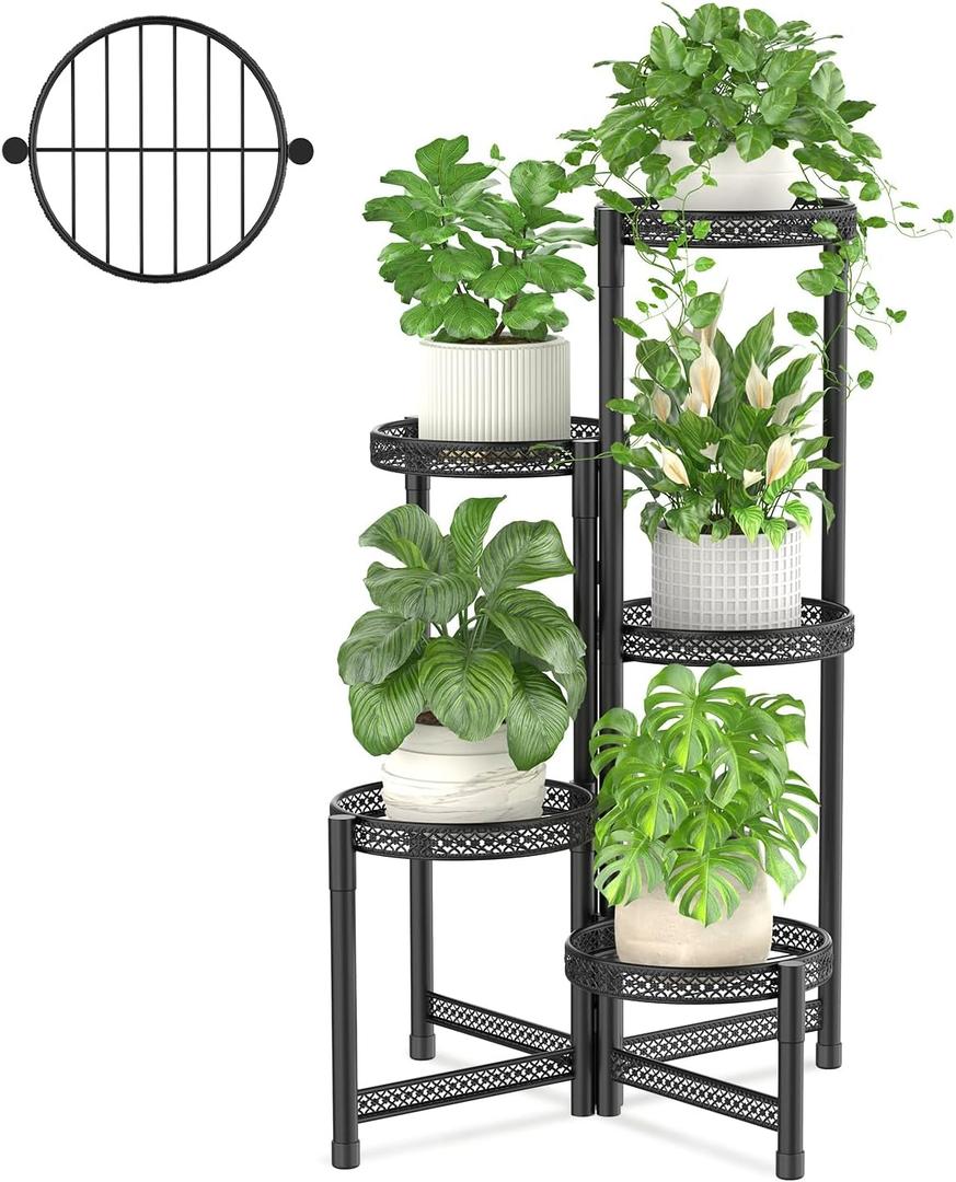 iDavosic.ly Plant Stand Indoor Outdoor, 5 Tier Corner Metal Flower Display Holder Shelf, Folding Tall Orchid Rack for Patio Balcony Porch Garden Living Room House, Wrought Iron - Modern Black