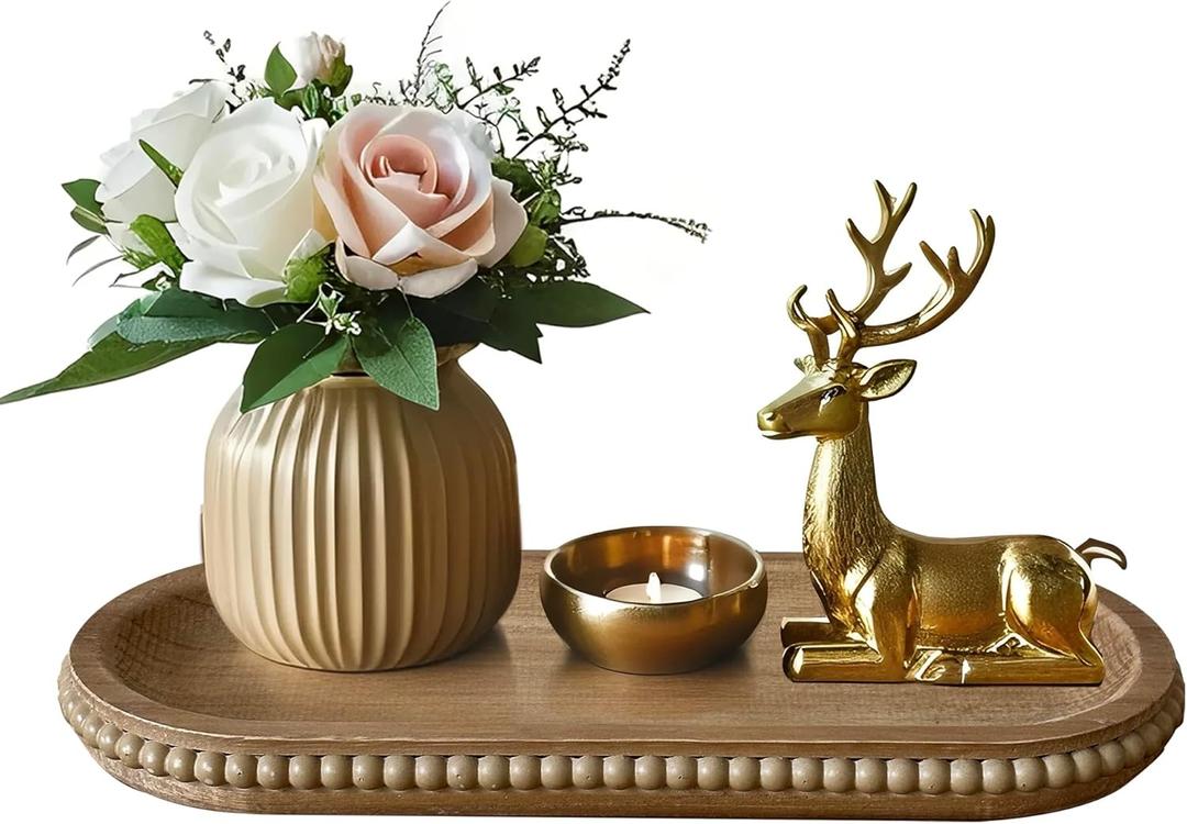 dwellington Wooden Farmhouse Decorative Tray, 11.8in Rustic Beaded Tray for Living Room Decor, Kitchen Table Dcor, Oval Coffee Table Serving Tray (Natural)