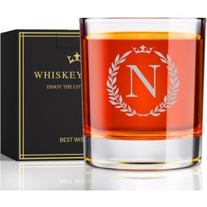 Astonlink Personalized Whiskey Glasses Gifts for Men, Monogrammed Engraved A-Z 10.6 oz Rocks Glass Customized Gift, Unique Fathers Day Birthday Gifts for Men Him Dad Husband Brother Son (N)