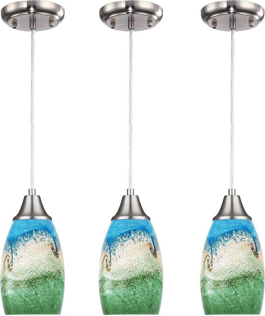 karyfine 3pack Mini Pendant Lights Kitchen Island Hand Blown Art Glass Hanging Ceiling Pendant Light Over Kitchen Sink Glass Pendant Light Shade for Coffee Bar,Dining Room,Stairs Multi Color