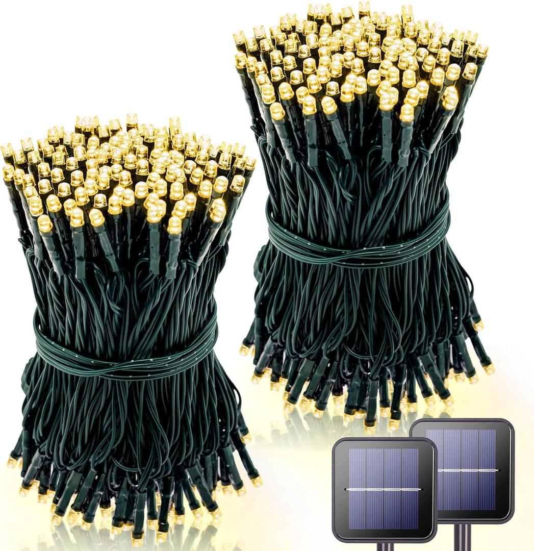 42.7Ft Warm White Solar String Lights Outdoor, 2 Pack Total 200 LED Christmas Lights Ourdoor Waterproof, 8 Modes Solar String Lights for Outside Tree Patio Yard Wedding Garden Decorations
