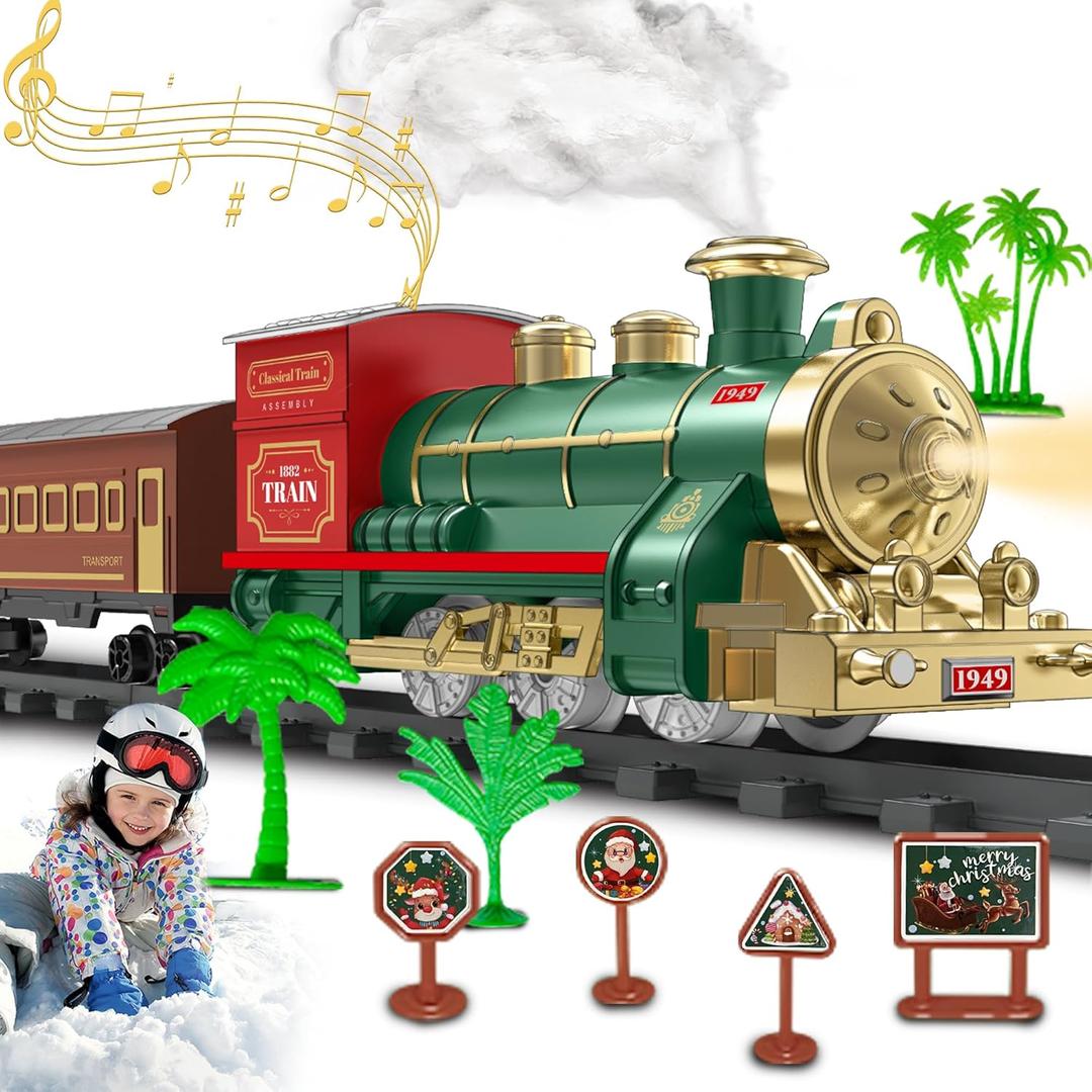 Train Set Electric Train Toys for Kids, Christmas Train Set with Smokes, Light & Sound for Under Christmas Tree, Toddler Model Trains for 3 4 5 6 7 8+ Years Old Kids Boys Birthday Gifts (Large)