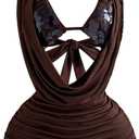 SOLY HUX Women's Halter Deep V Neck Sparkly Mini Dress Party Club Bodycon Dresses (Brown, L)