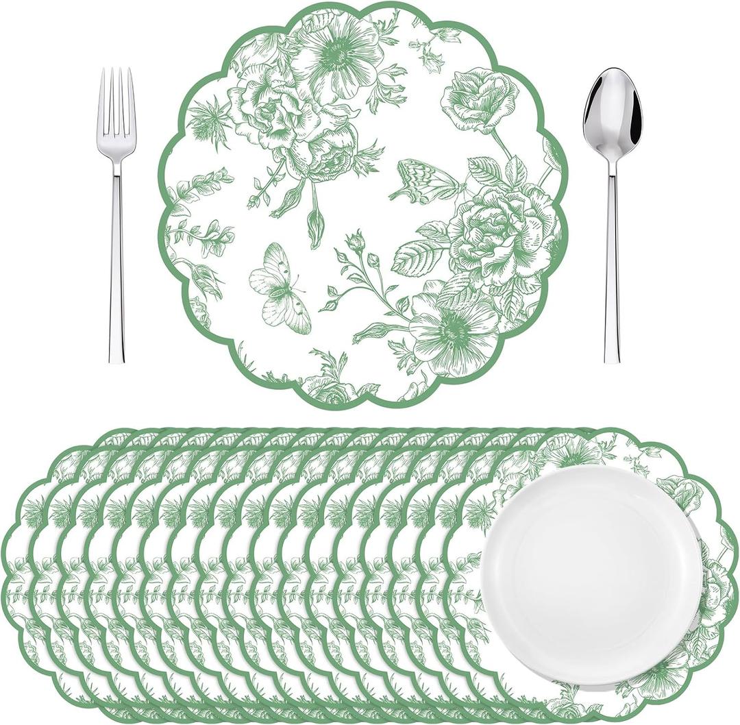 Supervitae 60 Pack Sage Green Floral Paper Placemats 13.5 Inch Chinoiserie Scalloped Disposable Place Mats Green Flower Decorative Mats for Dinner Table Setting Banquet Birthday Wedding Bride Party
