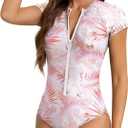American Trends Women's Short Sleeve Rash Guard One Piece Swimsuit UPF 50+ Zip Front Athletic Surfing Bathing Suit Modest (Pink, M)