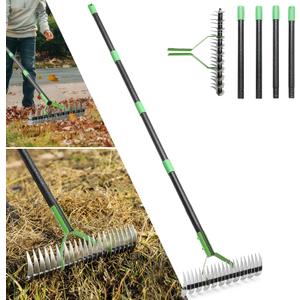 Thatch Rake, 13" Wide Efficient Dethatcher Rake with 70" Adjustable Long Handle, Heavy Duty Steel Metal Dethatching Rakes for Cleaning Dead Grass, Loosening Soil, Lawn Care in Yard Garden