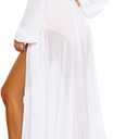 Pink Queen Women's Long Sleeve Flowy Maxi Swimsuit Tie Front Robe Cover Up Kimono Cardigan Beach Coverup Resort Wear (White, XL)