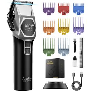 ANGFAN Professional Cordless Hair Clippers for Men - 8000RPM 5-Speed Motor with 440C Black Oxide Blades, Barber Clippers Kit with Charging Dock & 8 Guards,Salon Grade Hair Cutting Set for Barbers