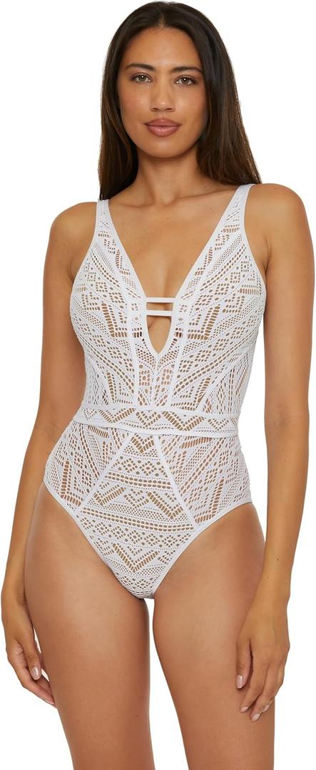 BECCA Color Play One Piece Swimsuit, Plunge Neck, Crochet, Bathing Suits for Women (Medium, White Tan)