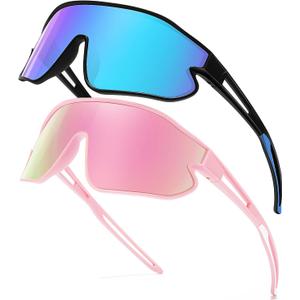 Kids Sunglasses, Youth Baseball Sunglasses Polarized Sports Cycling Shades for Boys Girls Lightweight Frame (2pack-black/Blue+pink)