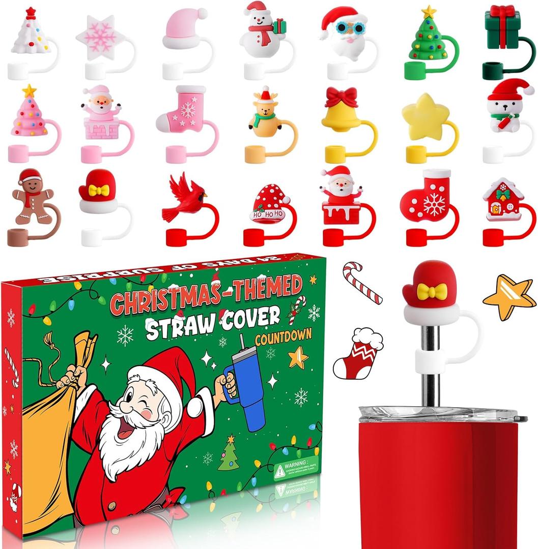 3D Advent Calendar 2025 Straw Covers Christmas 24 Days of Surprise with 10mm Straw Toppers Compatible with Stanley 30 Oz 40 Oz Tumbler Cup for Christmas Xmas Holiday Countdown Calendar Gift