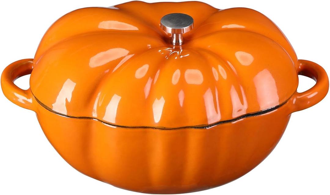 Pickmesh 1.4 Qt Pumpkin Cocotte Pumpkin Cast Iron Dutch Oven Pre-seasoned Cast Iron Garlic Roaster Heat Resistant for Thanksgiving Grill, Oven Backyard 6.3'l x 5'w x 2.6'h(Orange)
