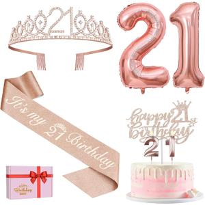 21st Birthday Decorations for Her, Include 21st Birthday Sash and Tiara, Cake Topper and Candles, Number Balloons, 21 Year Old Gifts for Her