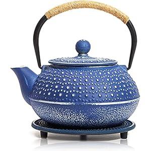 Juvale Cast Iron Teapot with Infuser - Blue, 27 oz (800 mL) - Stovetop Tea Kettle for Loose Leaf Tea - Includes Stainless Steel Infuser & Trivet
