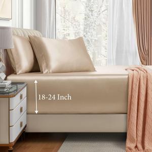 VACVELT 3pcs Extra Deep Pocket Satin Fitted Sheet Set King Bed Set, Beige Bottom Sheet Fit 18-24 Inch Deep Pocket Mattress, Silky Bedding Set Soft & Ultra Deep Fitted Sheet & 2 Pillowcase