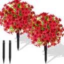Hotop 2 Pack 22" Artificial Boxwood Ball Topiary Flower Trees with Ground Spike, UV Resistant Weatherproof Faux Floral Shrubs for Outdoor Garden Patio Porch Indoor Home Decor(Rose Red)