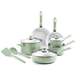 GreenPan Dover Healthy Ceramic Nonstick, 12 Piece Cookware Pots and Pans Set, PFAS-Free, Dishwasher Safe, Comfort Grip Handle, Pastel Green