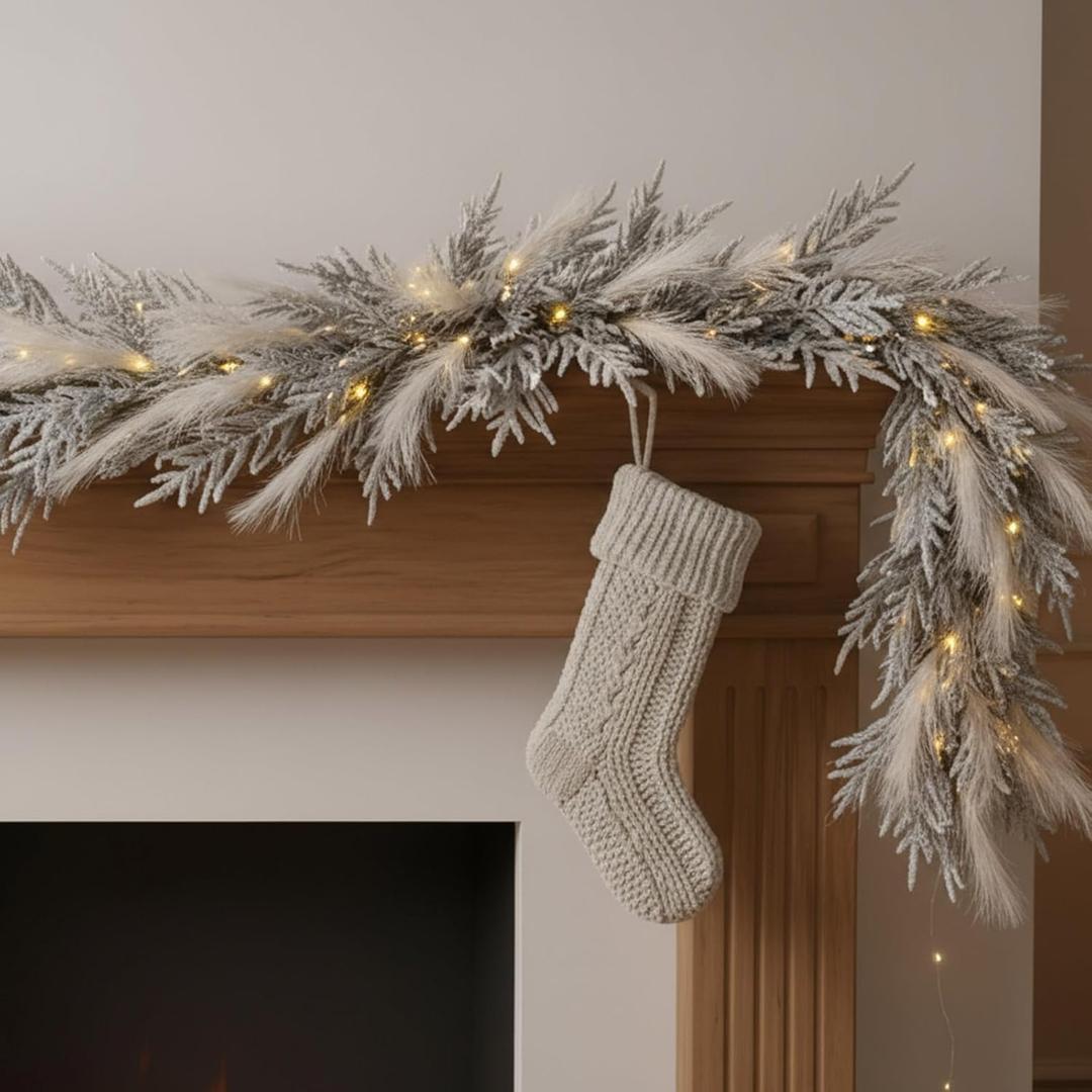 Yunlly 6ft Christmas Flocked Norfolk Pine Garland Boho Pampas Real Touch Pine Garland for Front Door with Lights Christmas Door Decoration for Indoor Outdoor Xmas Mantle Fireplace Seasonal Home Decor