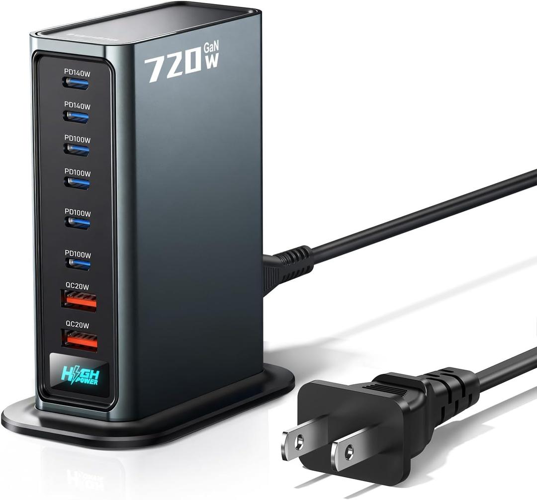 Rocoren 720w USB C Charger Block, 8-Port USB Charging Station with Dual PD 140W Fast Charging Station Hub for Multiple Devices, Laptop GaN Charger for iPhone 17, MacBook Pro/Air, iPad, Samsung