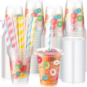 meekoo 50 Sets Donut Cup with Flat Lids and Straws 12 oz Doughnut Sprinkle Plastic Cups Clear Drink Disposable Cups with Lids for Smoothie Donut Grow up Birthday Party Baby Shower Summer Holiday (Classic Colors)