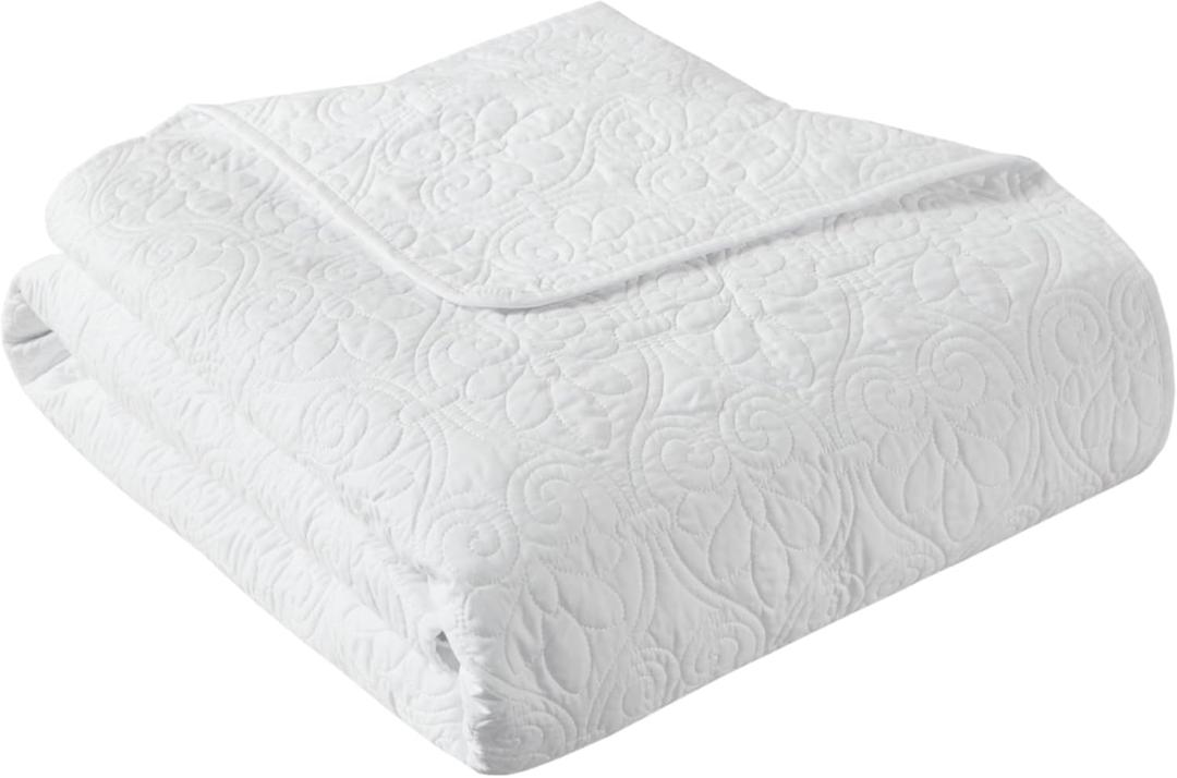 Madison Park Throw Blanket - Reversible Damask Quilting Design, Soft Pre-washed Microfiber, Cotton Filled Spread, Cozy Summer Blanket - Throw for Living Room Couch, Sofa, Bed, Quebec, 60x70", White