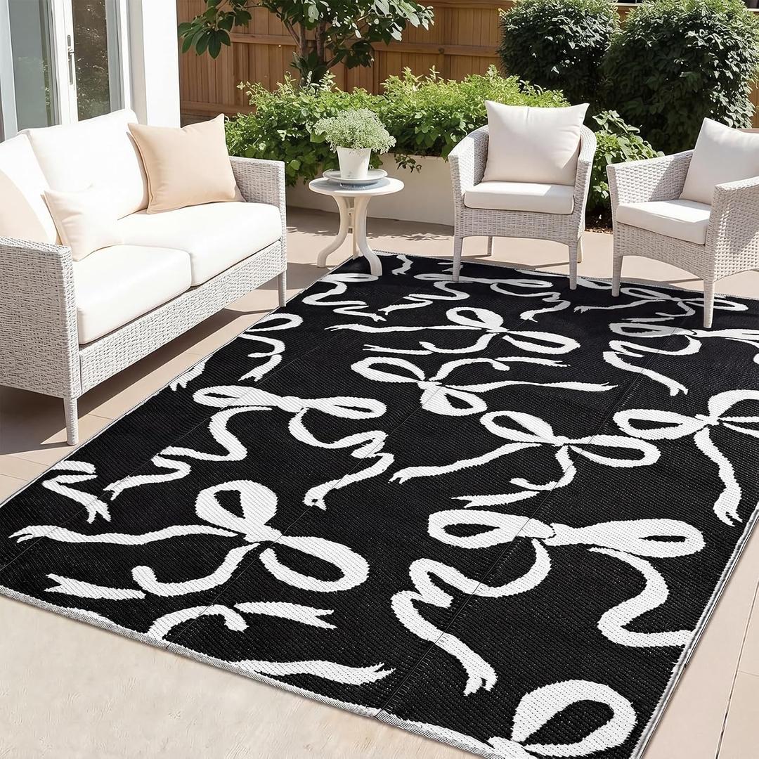 Nuanchu Waterproof Outdoor Rug 5x8 ft Reversible Bow Plastic Straw Rugs Black and White Camping Carpet Patio Mat Indoor Outdoor Rv Mat for Outside Beach Pool Patio Backyard Deck