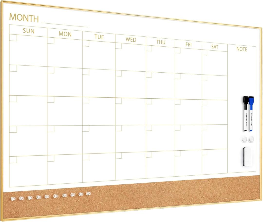 ARCOBIS Dry Erase Calendar Whiteboard Cork Board Combo, 36"x24" Magnetic White Board Calendar Dry Erase for Wall, Gold Frame Monthly Combination Board for Office, Home, School