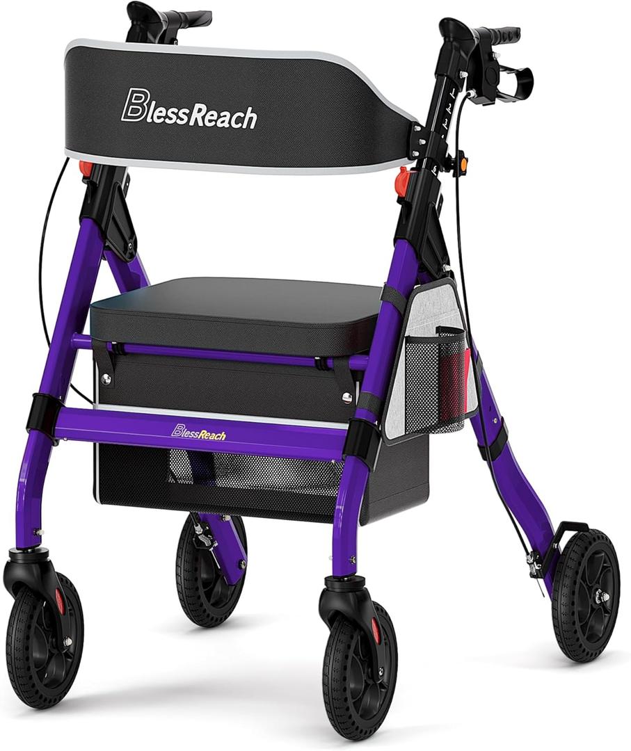 Foldable Rollator Walkers with Seat for Seniors, 450 lb Capacity, 8'' Wheels, 18" Big Seat, 6-Position Adjustable Height, Heavy-Duty Aluminum Rolling Walker (Purple)