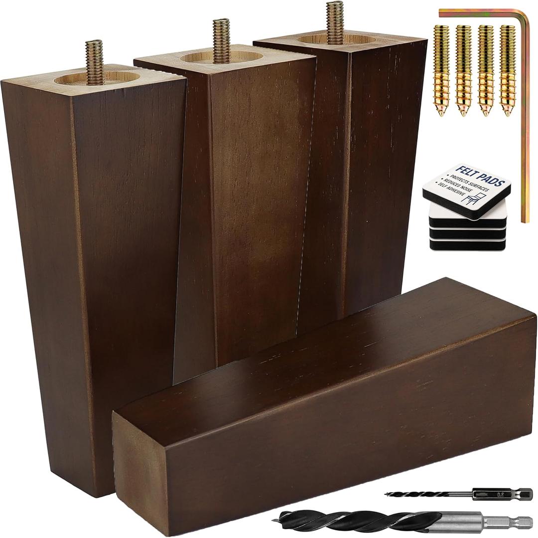 Airy Abode Premium Walnut Square Furniture Legs (Full Install Kit) - Pick Your Size and Color (8 Inches, Brown)