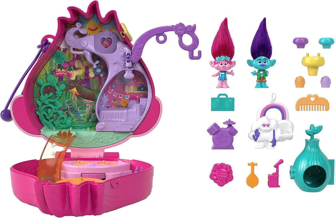 Polly Pocket Trolls Compact Playset with 2 Micro Dolls &13 Accessories, Poppy Exterior with Soft Hair, Collectible Toy Includes Poppy & Branch