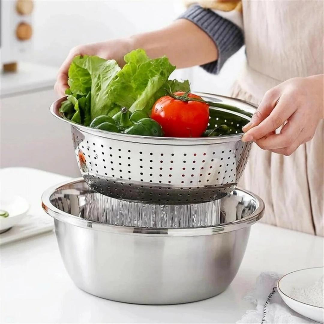 Germany Multifunctional Stainless Steel Basin, Heavy Duty Colander Strainer Set, 3 In 1 Graters Cheese Grater Salad Maker Bowl Drain Basin, Rice Rinser Food Graters w/Container for Kitchen (9.45in)