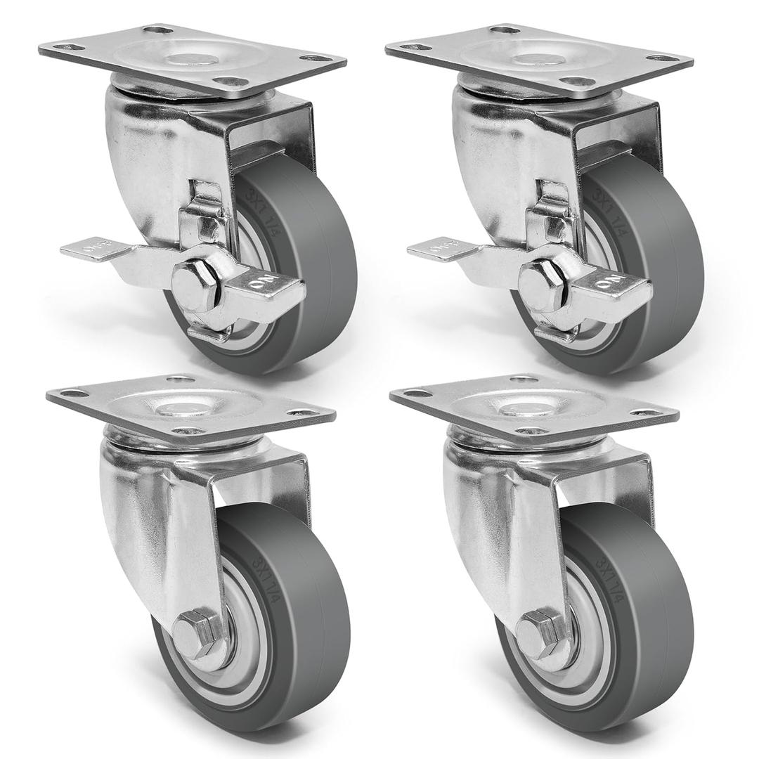 3 Inch Caster Wheels - Set of 4 Heavy Duty Rubber Castors With Brake 1200Lbs, Silent Industrial Plate Casters for Cart Furniture Workbench (2 Brake & 2 Swivel)